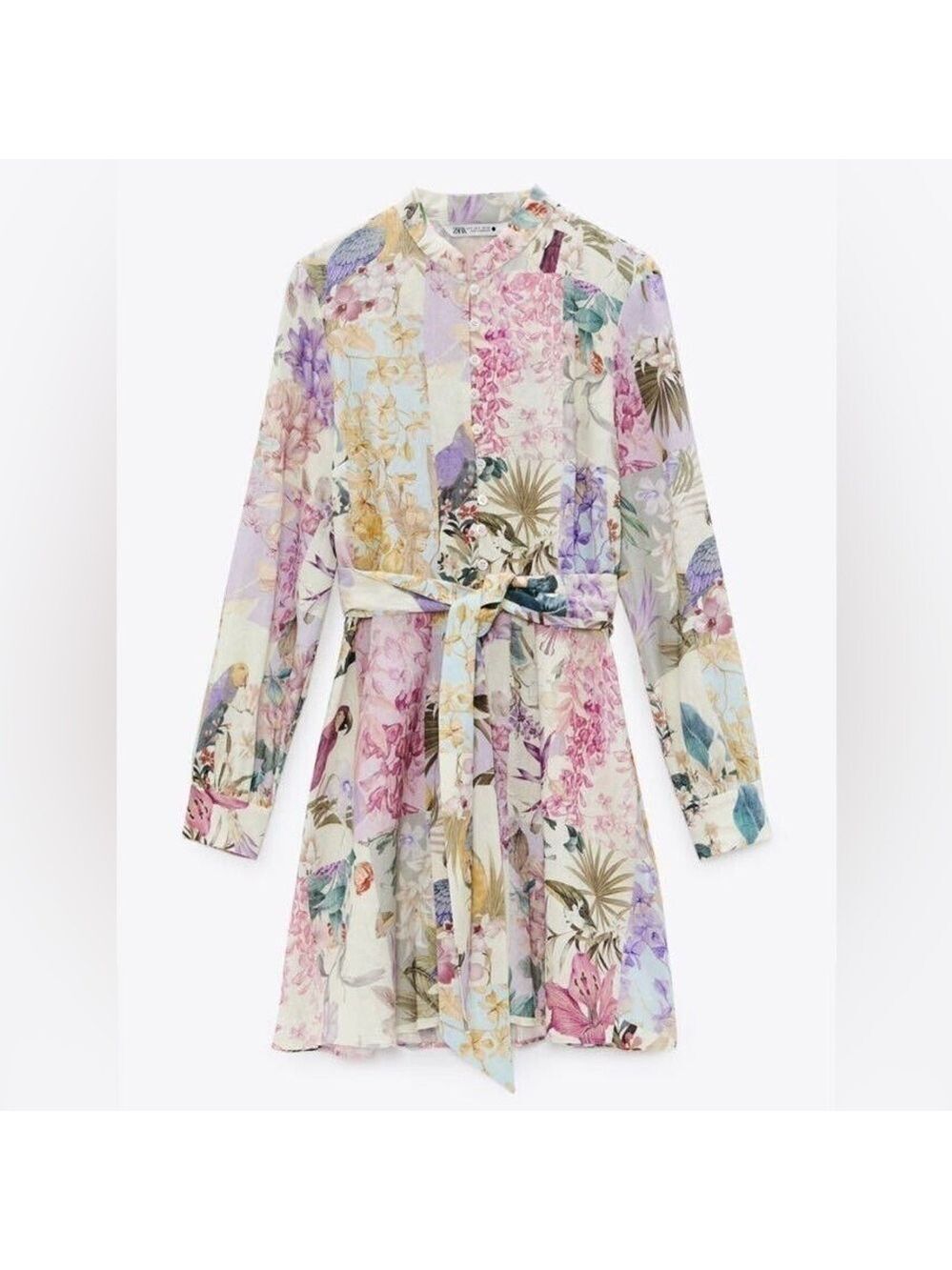 Zara Linen Blend Floral Print Belted Button Front Long Sleeve Mini Dress - Picture 4 of 16